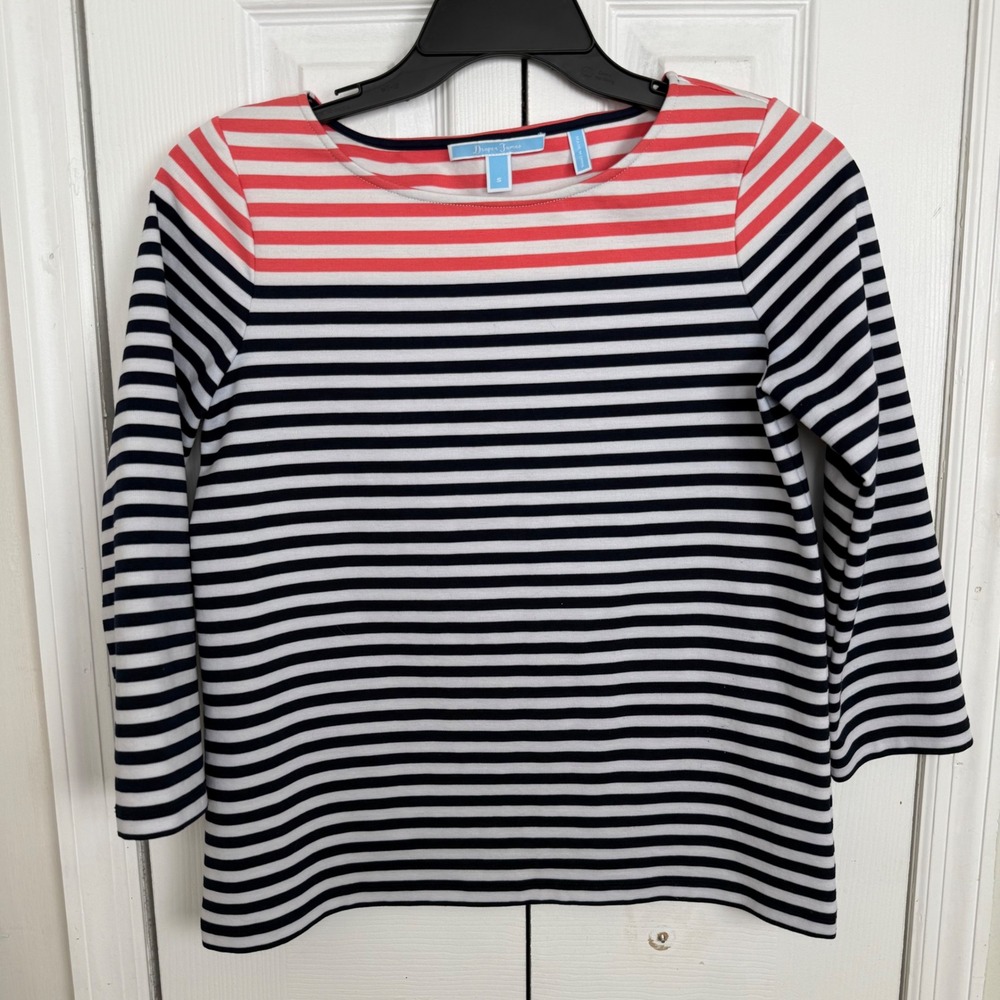Draper James Stripe Top Womens S Red White Blue Nautical Preppy 3/4 Sleeve